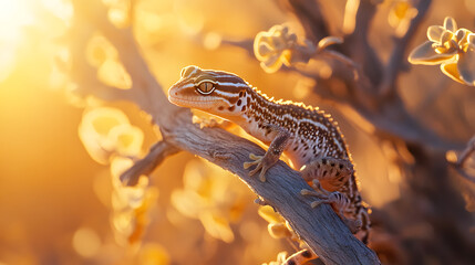 Serene Scene of a Western Banded Gecko Resting on a Branch Amidst Vibrant Desert Flora Under Bright Sunshine