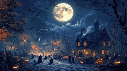 Halloween night scene with full moon, bats, pumpkins, and spooky atmosphere