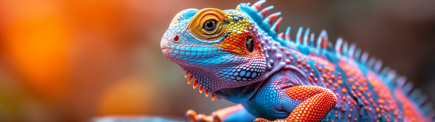 Fototapeta premium Colorful iguana with vibrant scales and intricate details against a warm orange background