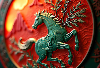 vibrant and intricate relief sculpture of horse, showcasing detailed textures and rich color palette of green and red. artwork captures essence of nature with elements like trees and mountains