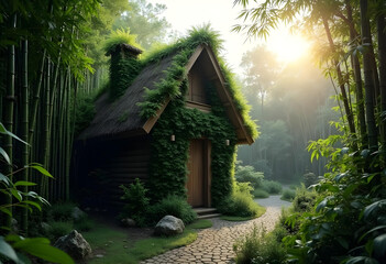 serene cottage surrounded by lush greenery and bamboo, bathed in soft morning light, creates tranquil atmosphere perfect for relaxation and nature appreciation