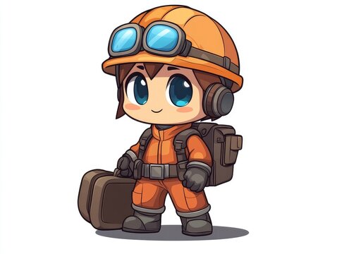 recommend clip art: A cartoon illustration of a young man in an orange jumpsuit, goggles, and helmet with a backpack and a suitcase.