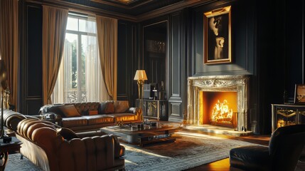 A large living room with a fireplace. architecture modern living room. Ultra realistic. Photorealistic hypermaximalist advertising photography hyper realistic fine detail