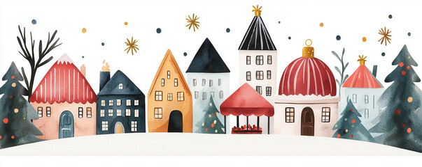 Fototapeta premium Festive market with colorful holiday stalls and charming houses