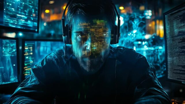 Cybersecurity Expert Monitoring Digital Networks in High-Tech Control Room for Safeguarding Online Data and Privacy Protection at Night