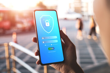 Smartphone security system. concept of technology protecting access to personal data and online...