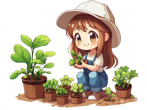cute girl gardening plants in pots clip art preview