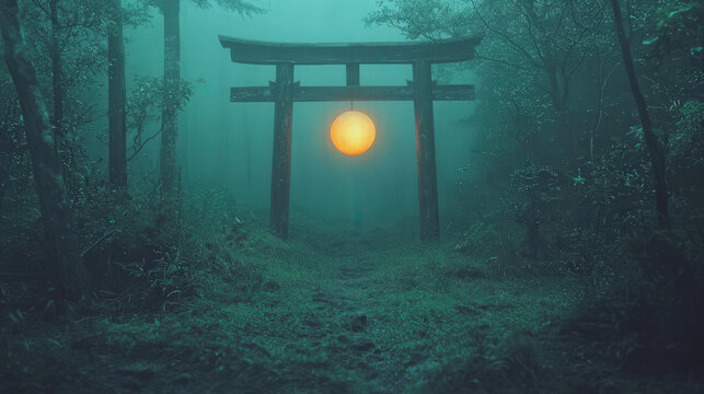 ghostly apple yokai floats above torii gate in misty forest, creating eerie yet enchanting atmosphere. glowing orb adds mystical touch to serene landscape