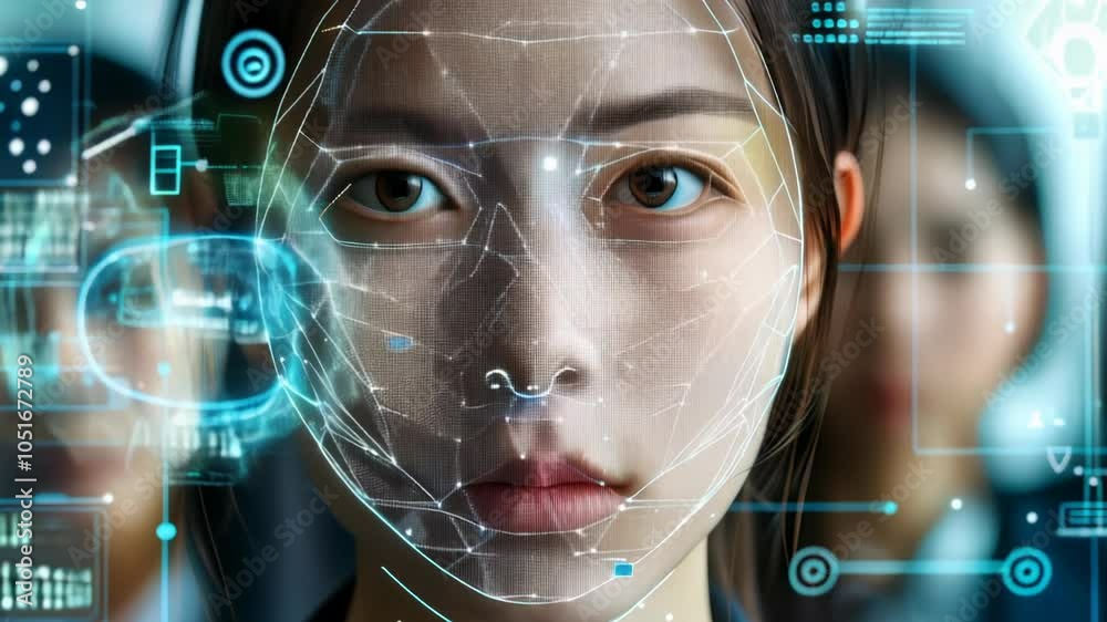Poster advanced face recognition system demonstration in high-tech security setting - facial mapping techno