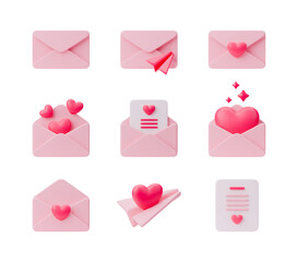 3D pink mail envelope set. Realistic vector illustration with letter, heart, paper plane. Open and closed envelopes love message, be my Valentine. Valentines and Mothers day icon on white background