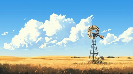 Windmill in golden field under blue sky with clouds