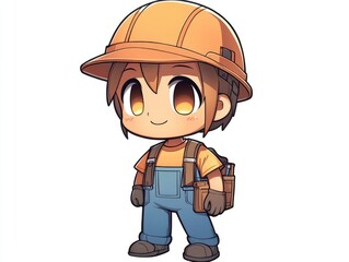 Fototapeta premium A cute cartoon character of a construction worker with an orange hard hat, blue overalls, and a tool belt.