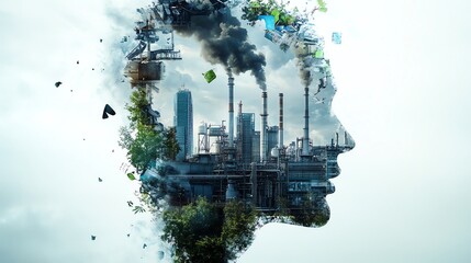 Creative silhouette of industrial factory blending with nature, symbolizing environmental impact and sustainable solutions.