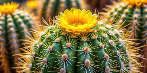 Close-up of a large cactus with sharp spines and vibrant yellow flowers blooming on its surface, flowers, closeup