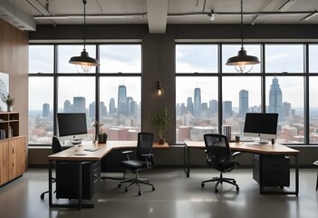 A modern office space with large windows overlooking a city skyline. The room has two desks with office chairs, wooden accents, and industrial-style pendant lights.