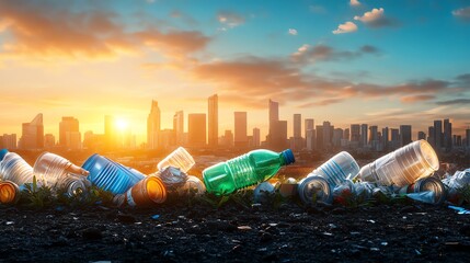 Plastic bottles littering a grassy field against a city skyline at sunset, symbolizing pollution and environmental challenges in urban spaces.