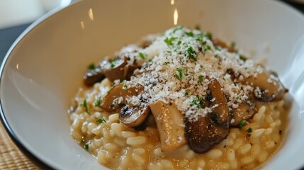 A delicious bowl of creamy risotto with mushrooms and Parmesan cheese. 