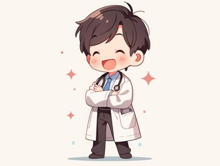 A cute cartoon illustration of a smiling doctor with a stethoscope.