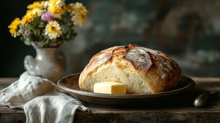 A delicious, warm loaf of freshly baked bread with butter on a rustic table.