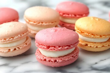 Fototapeta premium Colorful macarons on a marble surface arranged beautifully