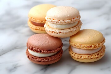 Fototapeta premium Colorful macarons arranged artfully on a marble surface