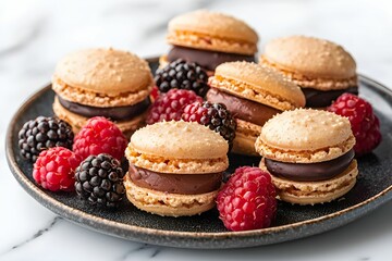 Fototapeta premium Delicious macarons with chocolate filling and fresh berries on a plate