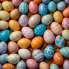 A colorful array of Easter eggs decorated in pastel