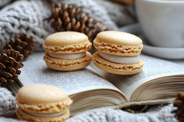 Cozy afternoon with macarons on an open book and warm yarn