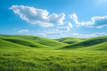 Lush green hills under a blue sky with scattered clouds in daylight