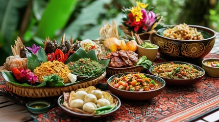 Fototapeta premium Colorful traditional feast with various dishes, vibrant presentation, tropical setting