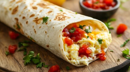 A delightful breakfast burrito stuffed with eggs, cheese, and sal