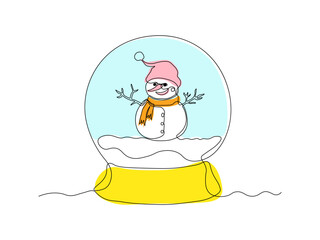 Christmas glass ball with snowman, Christmas,new year, continuous single line art drawing sketch, logo