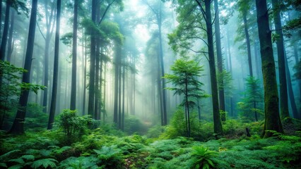 Obraz premium Dense foliage surrounded by tall trees in a misty forest environment, dense foliage, trees