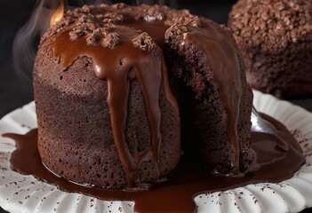 Chocolate lava cake with powdered sugar on a black background. Generative AI.