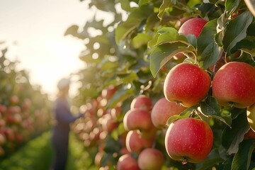 Apple harvesting in a sunny orchard during autumn