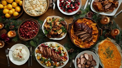 A festive table spread with a variety of colorful dishes for a family meal. 