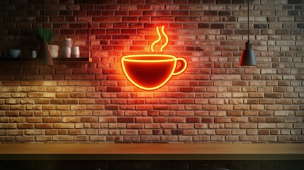 Neon coffee cup sign glowing on brick wall, warm ambiance, modern cafe decor