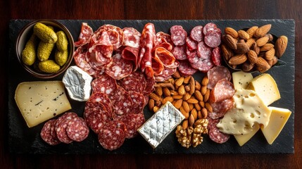 A flat lay of a charcuterie board featuring an array of cured meats, cheeses, and nuts.