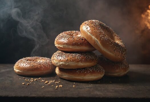 A close-up of Turkish Bagel Simit withe sesame seeds, on black background. Generative AI