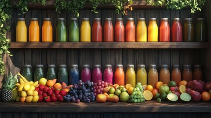 Artistic representation of a juice bar with a variety of fruit displays, highlighting the freshness and healthiness of juices.
