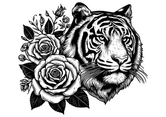 Obraz premium roaring tiger surrounded by blooming roses, tattoo. Fierce wildlife with delicate floral elements sketch engraving generative ai PNG illustration. Scratch board imitation. Black and white image.
