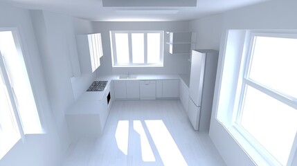 Obraz premium A modern, minimalist kitchen design with ample natural light and functional layout.