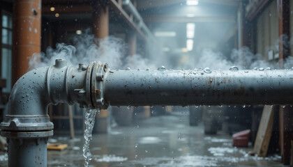 Close-up of a leaking metal pipe with steam in an industrial warehouse