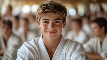 Portrait of an Athletic Teenage Boy in White Karate Robes – Showcasing Strength and Discipline in Martial Arts
