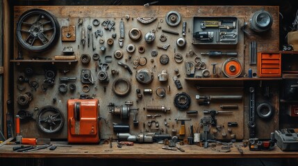 Fototapeta premium Artistic representation of motorcycle parts scattered on a workbench, emphasizing craftsmanship.