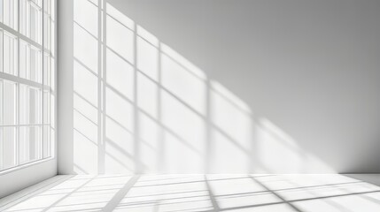 Empty white room with shadows and light from windows, minimalist modern interior for product display. Ultra-realistic 8K hypermaximalist photography
