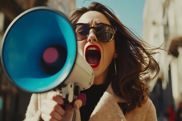 Hurry up. Stylish brunette woman screaming in loudspeaker, announces about final sales and discounts day, black friday