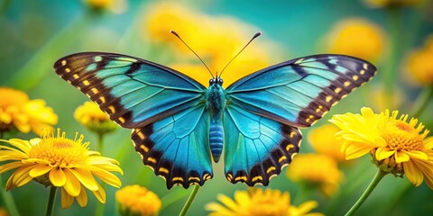 Fototapeta premium Majestic turquoise butterfly perched on a bright yellow flower, tropical flowers, floral arrangement, turquoise butterfly
