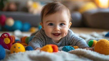 Obraz premium Baby giggling while playing with colorful toys on a soft blanket.