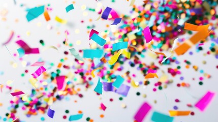 Fototapeta premium Flying colorful confetti in the air on the white background. Concept of happy birthday, party and holidays isolated on a white background